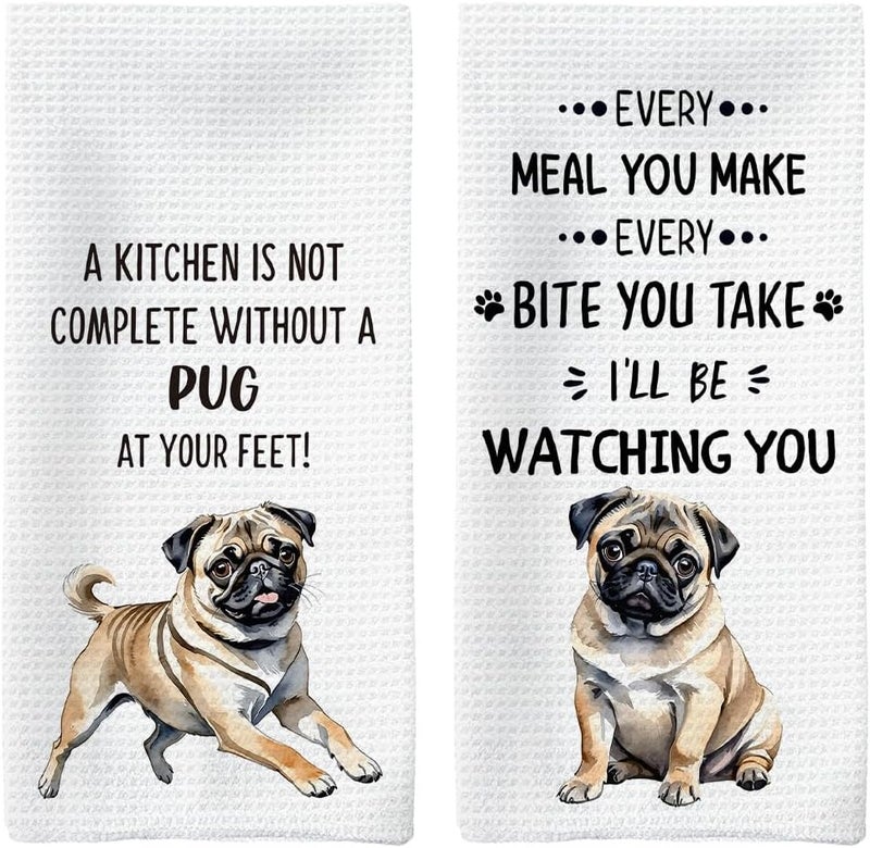 Tzhim Pug Gifts Kitchen Towels Set of 2, Pug Gifts for Pug Lovers Women, Pug Mom Gifts, Pug Decor Hand Towels, Pug Dog Dish Towels Tea Towels for Kitchen, Dog Kitchen Bathroom Decor, 16x24inch - Image 1